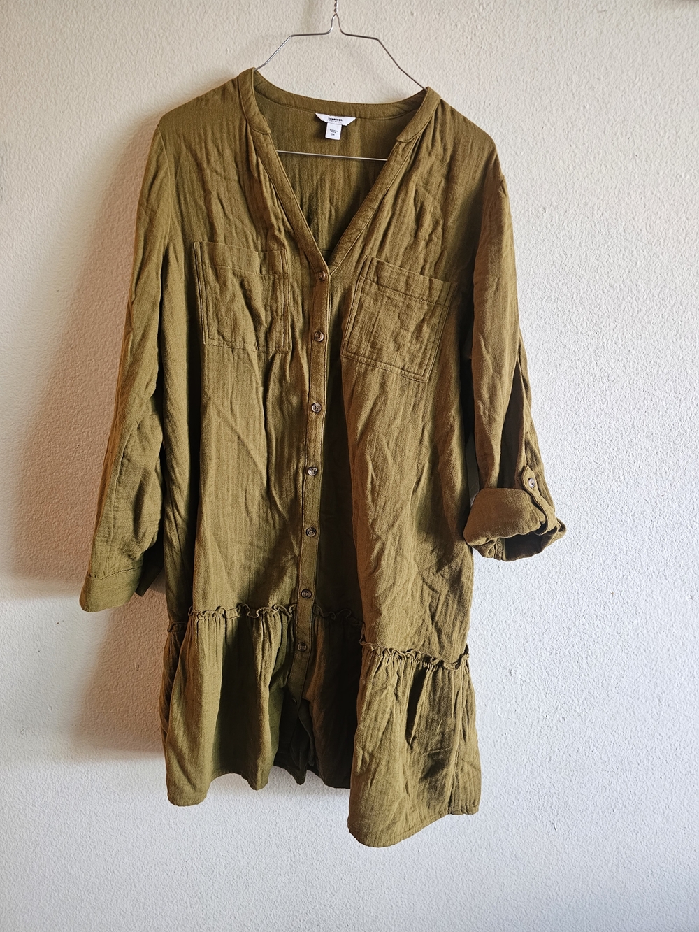 Sonoma Olive Green Button-Front Ruffle Hem Dress
